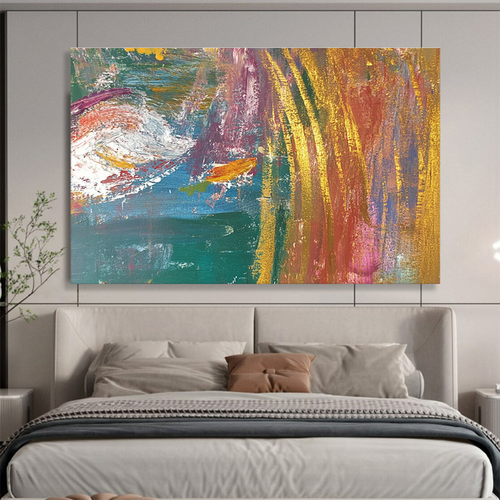 Large abstract painting with layered textures and vibrant colors featuring two fish in motion within a dynamic background.SC442