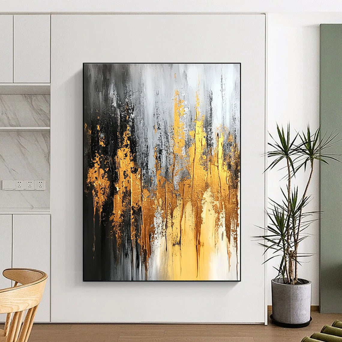 Gold Gray and Black Abstract Painting with Dripping Effects GER696