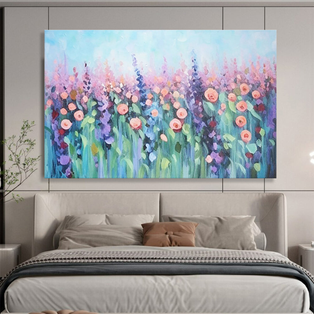 Pastel Flower Field Abstract Painting with Soft Pink and Purple Tones THY229