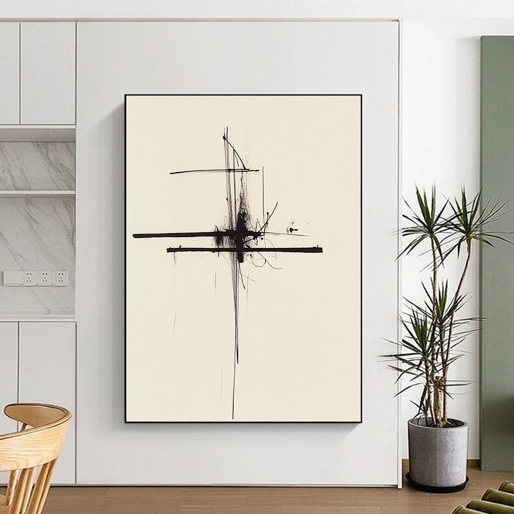 Large abstract painting featuring thin black lines on a white background inspired by Rothko's minimalistic style for a modern artistic touch.STSC1245