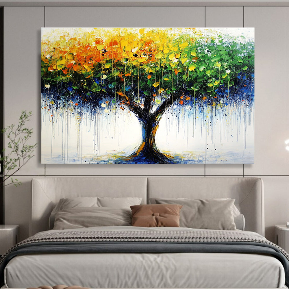 Large abstract tree painting featuring bold green yellow and blue brush strokes with distant trees and raindrop-dotted leaves on a vibrant summer day.SC285