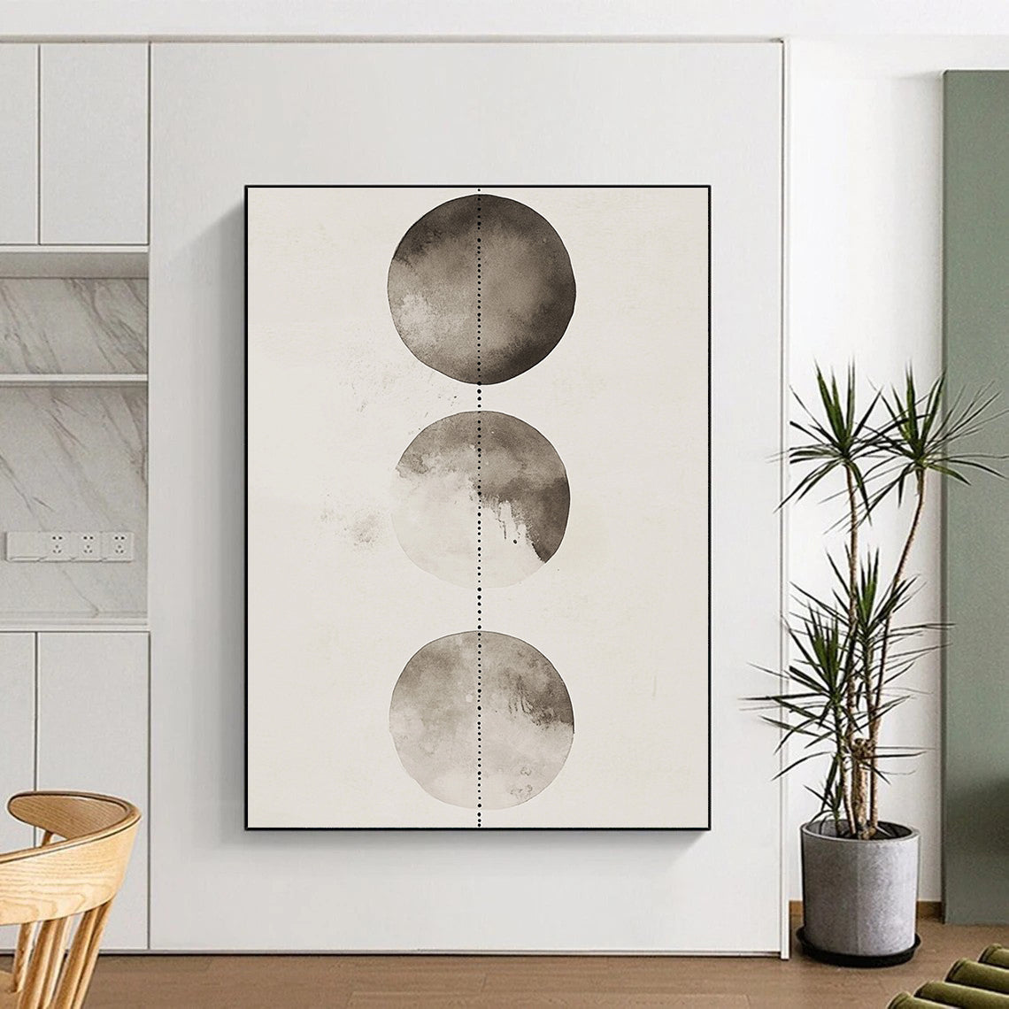 Large abstract watercolor and ink wash illustration featuring three shaded gray and white circles with dotted lines on a clean background.STSC1458