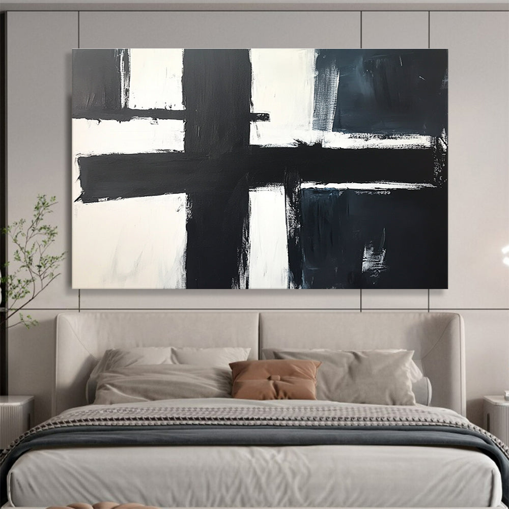 Large abstract painting in black and white featuring a central cross, inspired by John Blackwood, simple modern aesthetic with bold strokes.SC018