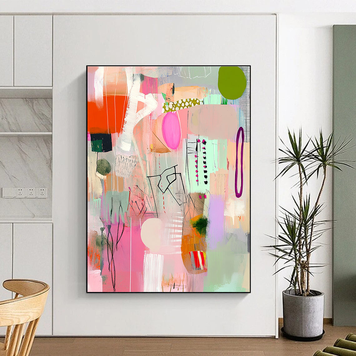 Large abstract painting in pink and green with playful textures stripes and shapes creating a joyful celebration atmosphere perfect for any space.STSC1040