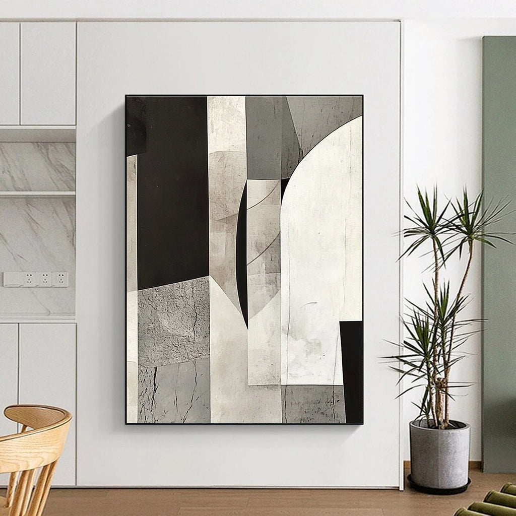 Gray and Black Geometric Collage Abstract Painting with Layered Textures GER014