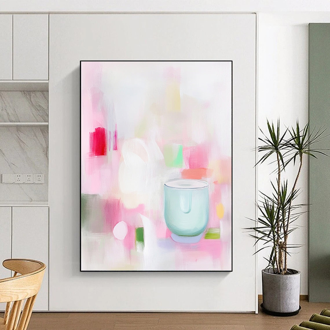 A soft abstract painting in pink and white shapes with green and red hints featuring a minimalist light blue glass blender conveying calmness and simplicity.STSC1200