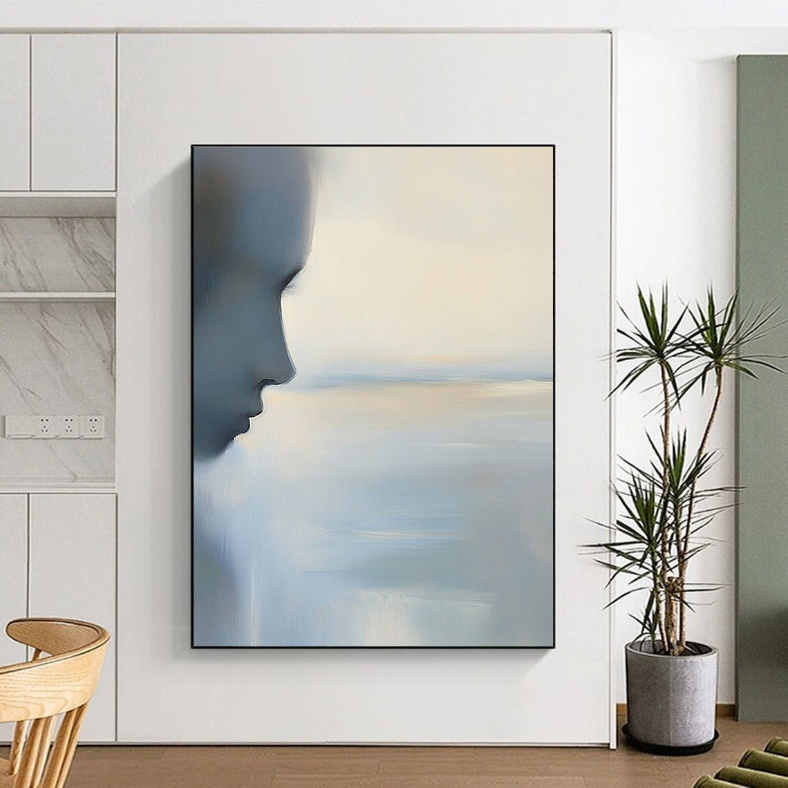Abstract painting of the ocean and sky in soft blues and greys with calming minimalist aesthetics and delicate color accents.STSC883