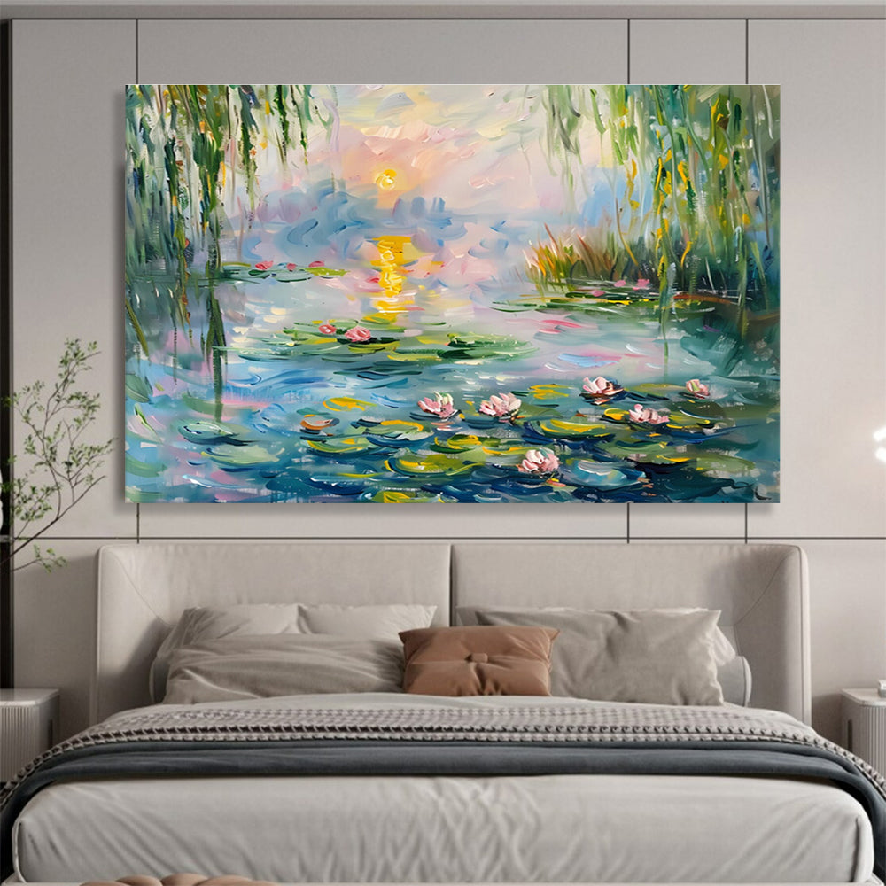 Water Lily Pond Abstract Painting with Pink, Green, and Blue Tones THY194