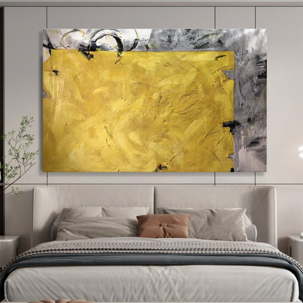 Bold Yellow Abstract Painting with Grey Accents THY153