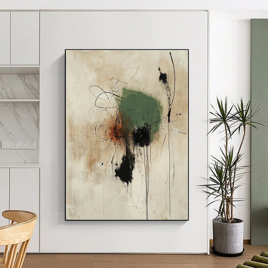 Large abstract painting featuring thick green shape with black accents and rust lines on an off-white background creating rich texture and depth.STSC1186