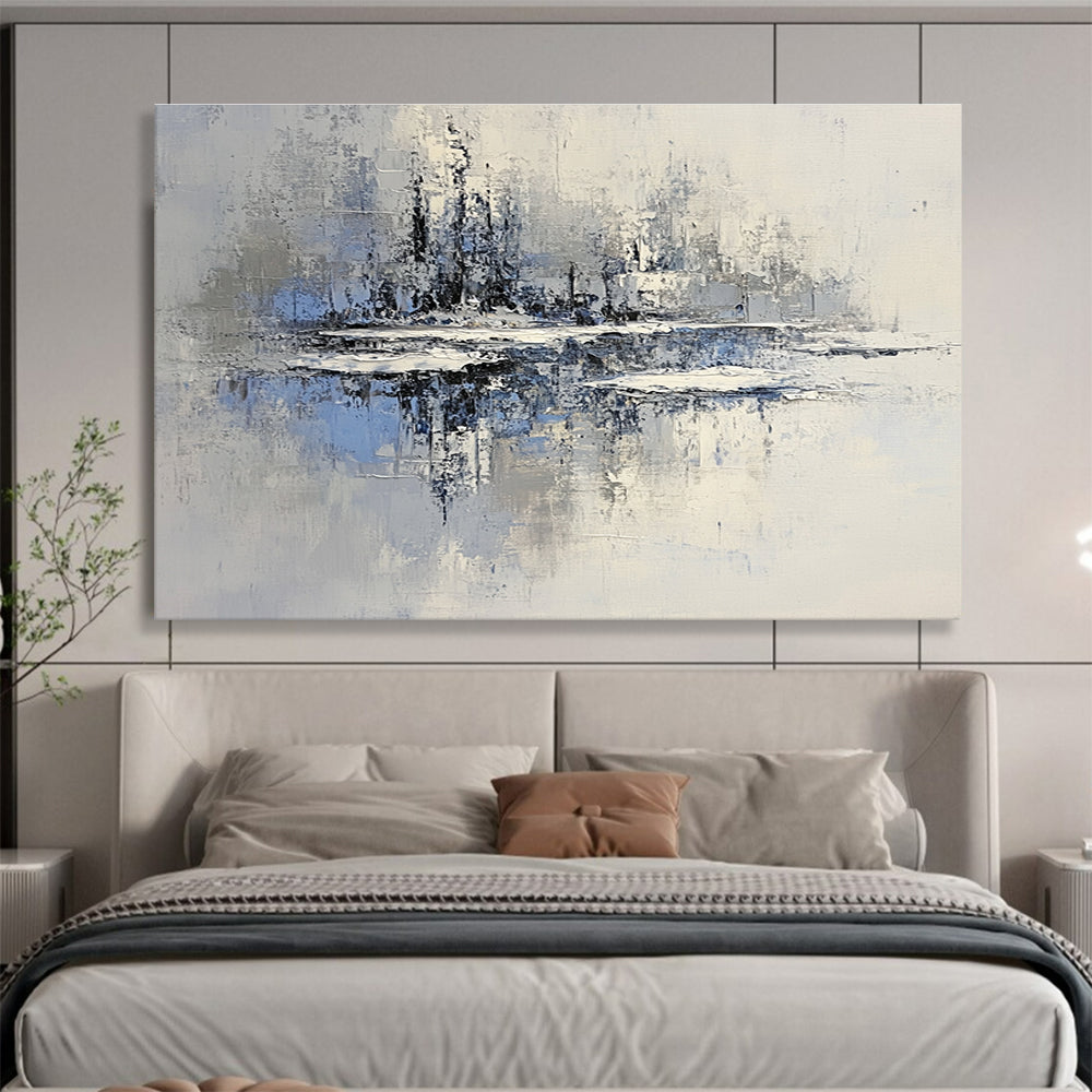 Large abstract painting of an icy lake with floating islands in muted gray and blue tones featuring textured brush strokes and serene winter lighting.SC158