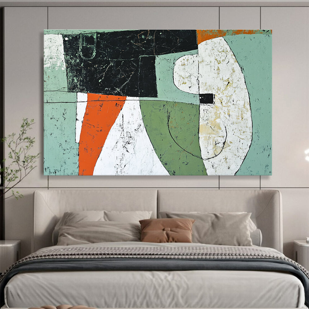 Geometric Forms Abstract Painting with Green Orange and White Tones DYP357