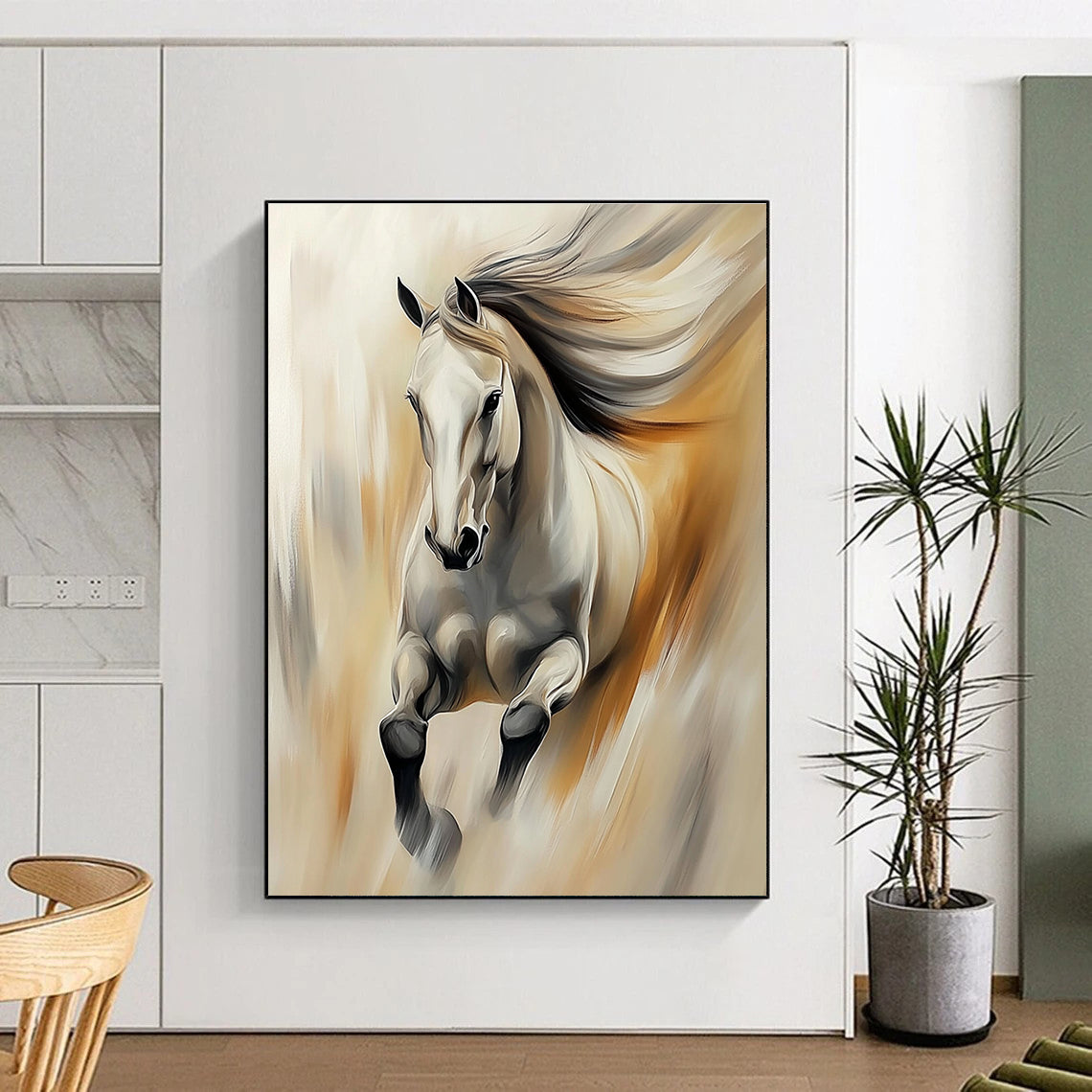 A large abstract painting of an elegant horse in soft colors featuring thick brush strokes and blurred edges with dynamic lighting effects.STSC896