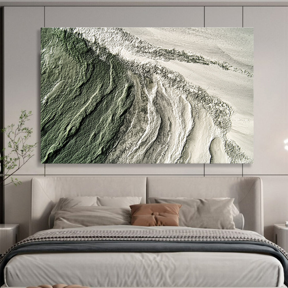 Large abstract painting showcasing hyper-realistic textures of sand, sea, and moss-green and grey hues for a captivating artistic experience.SC577