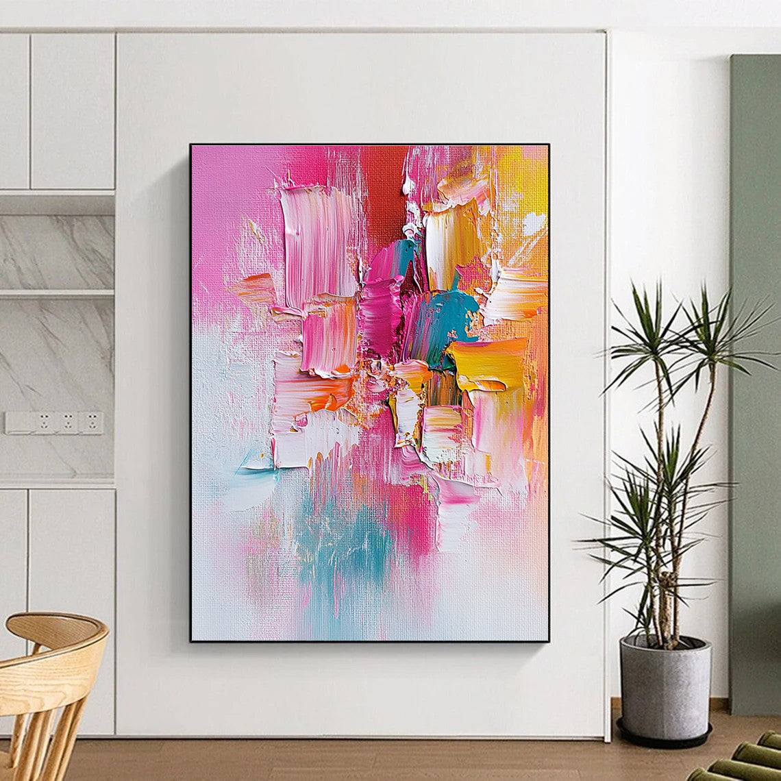 Pink Orange and Teal Abstract Painting with Textured Patches GER487