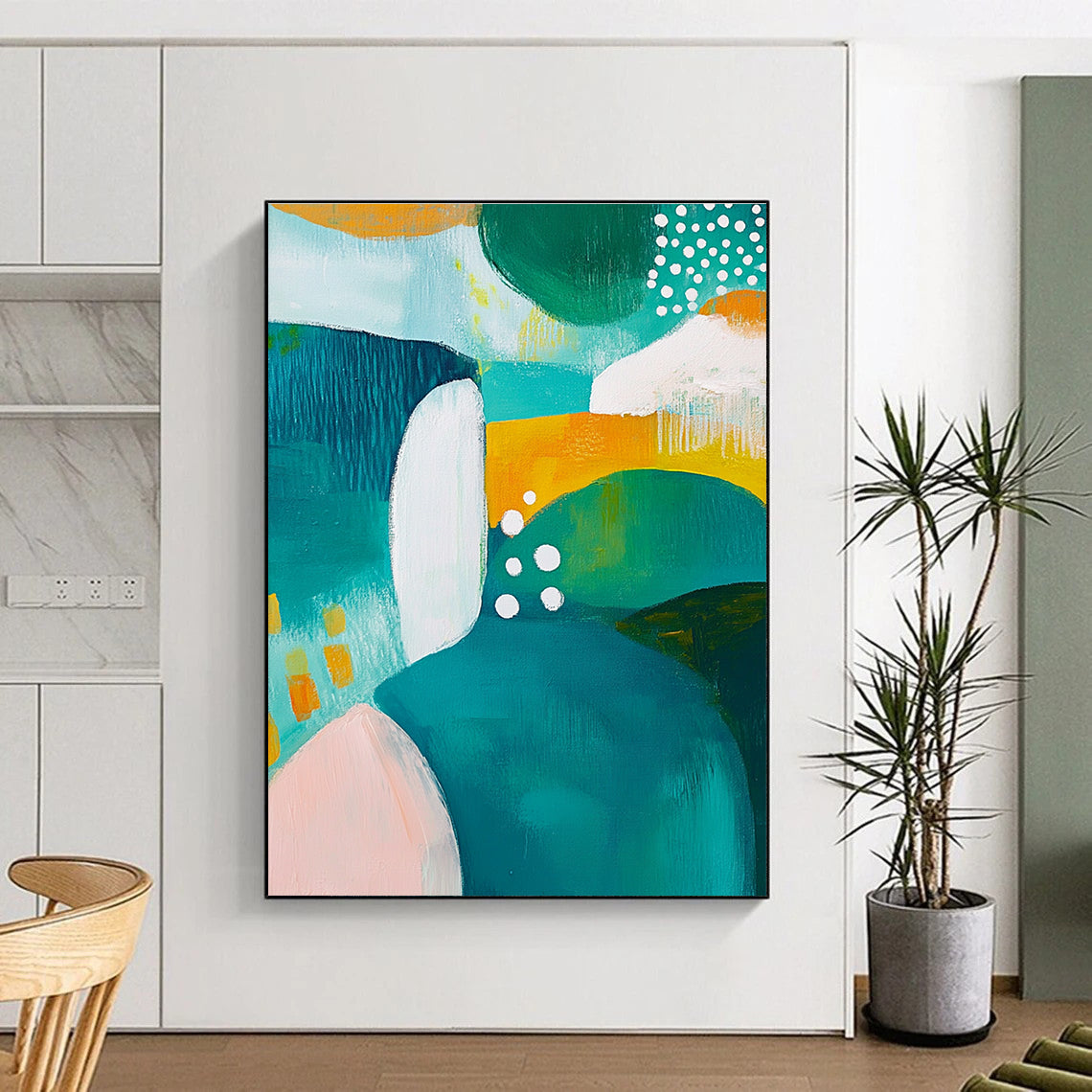 Colorful Abstract Painting with Teal, Green, and Yellow Shapes GER266