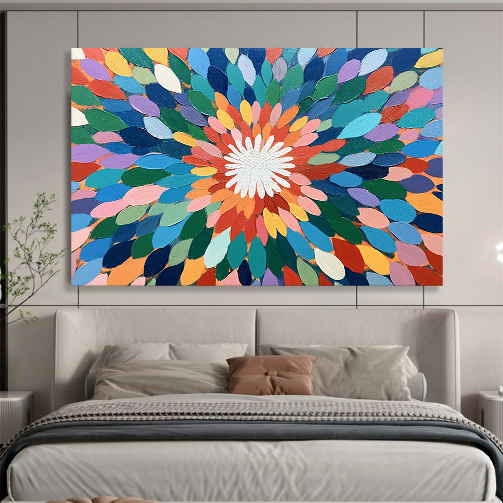 A large abstract painting featuring colorful overlapping petals in shades of green, blue, pink, orange, yellow, and purple with a vibrant center.SC526