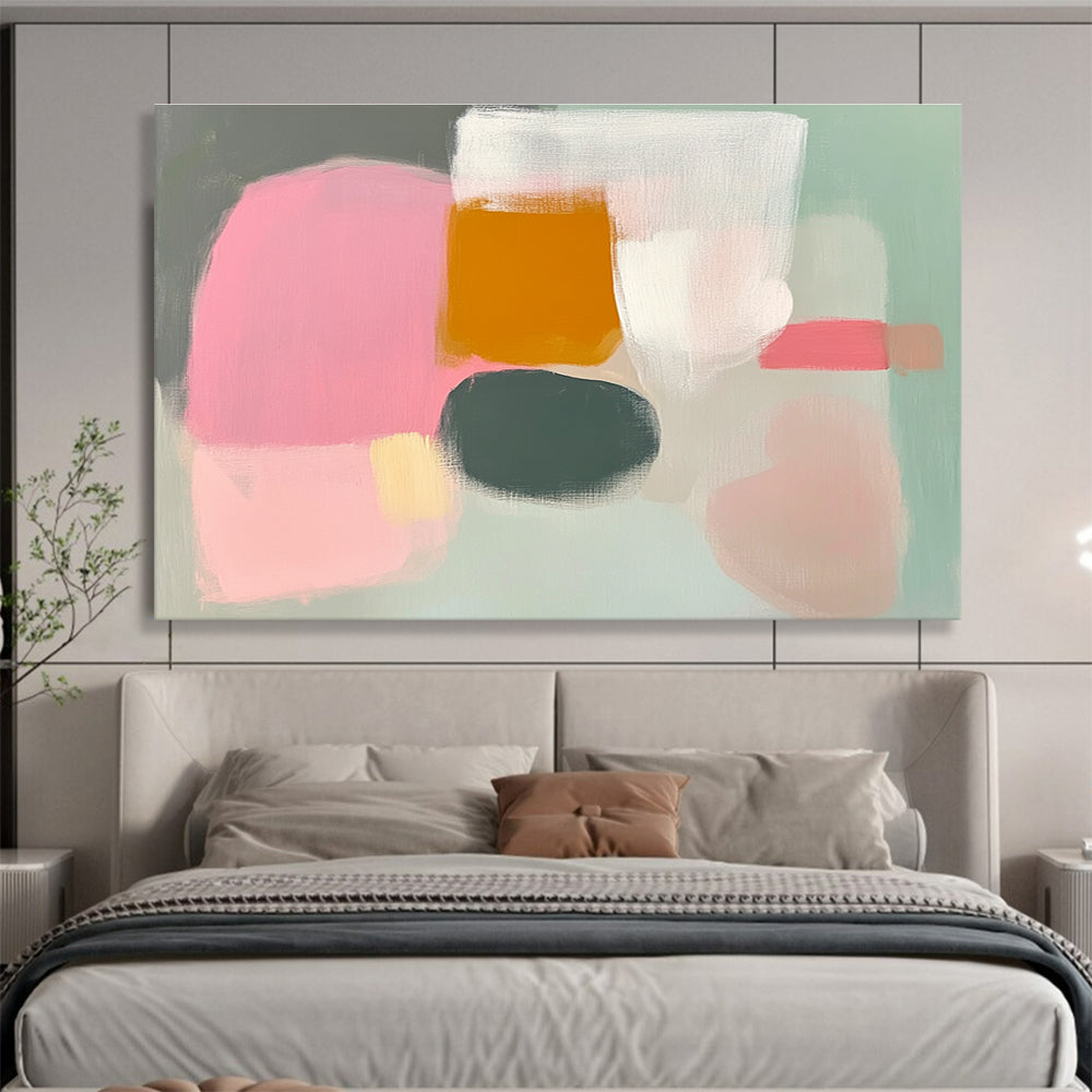 Large abstract painting in pink grey and white with loose brushwork soft pastels and negative space inspired by Etel Adnan.SC380