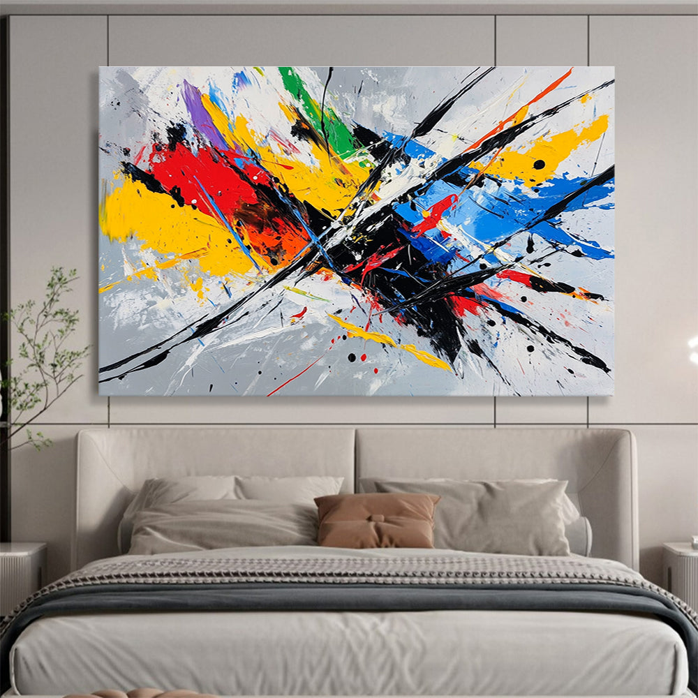 Bold abstract painting featuring dynamic lines and vibrant colors, capturing the essence of speed on a gray background.SC156
