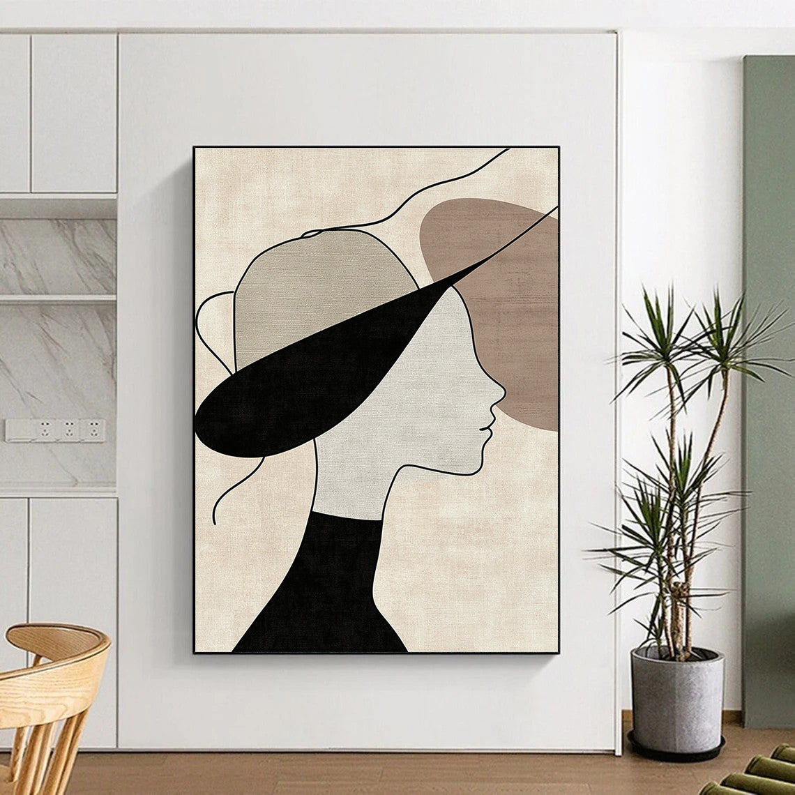 Abstract art featuring a woman in profile adorned with a hat on a beige background with visible brush strokes and neutral colors and black lines.STSC1335