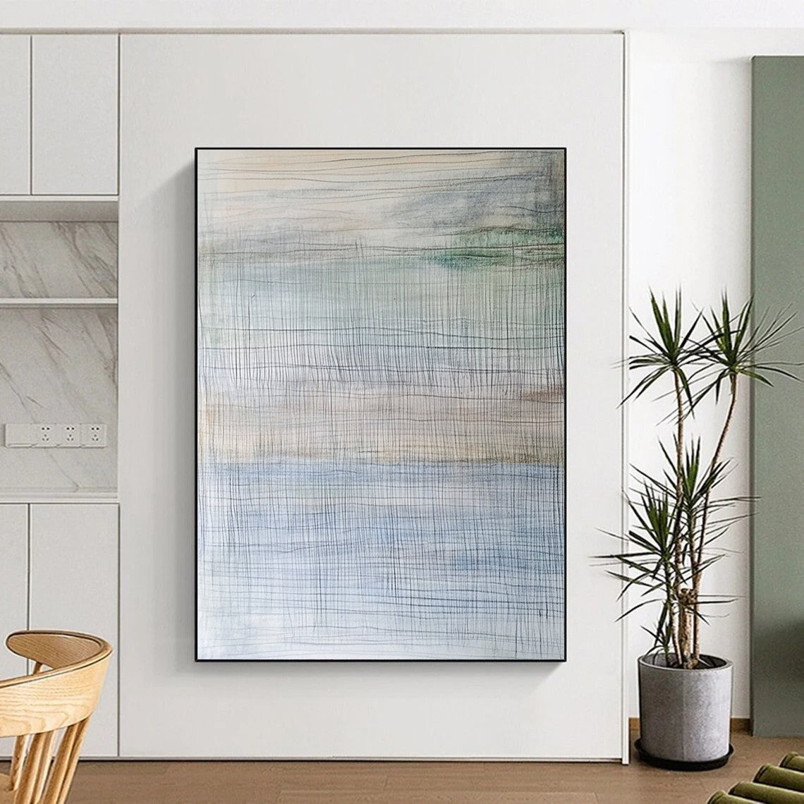 Abstract painting inspired by an ice shelf featuring thin horizontal lines in soft muted watercolor hues.STSC708