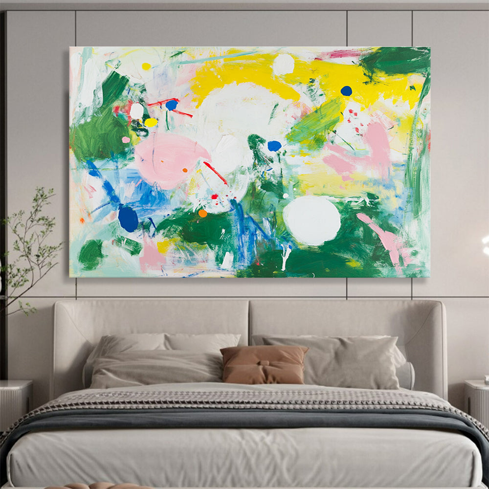 Colorful Abstract Painting with Dots and Shapes in Green Yellow Pink DYP390