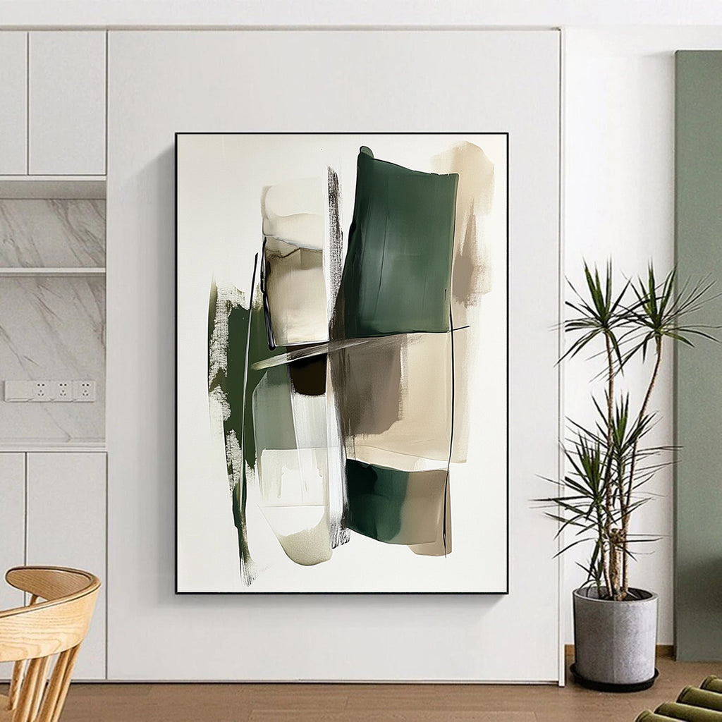 Green and Beige Abstract Painting with Geometric Shapes GER560