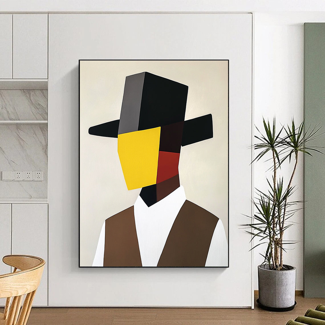 A large abstract painting featuring a minimalist cubist portrait of an Italian man in a black hat and brown vest with a yellow mask.STSC1082