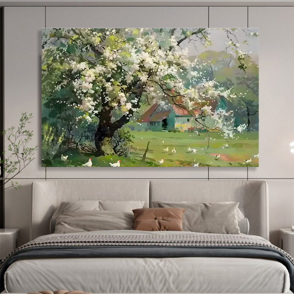 Spring Farmhouse Abstract Painting with White, Green, and Blue Tones THY215