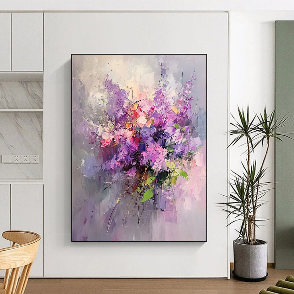 Large abstract oil painting of lilac flowers with purple petals and pink leaves on a light background featuring rich details and delicate textures.STSC926