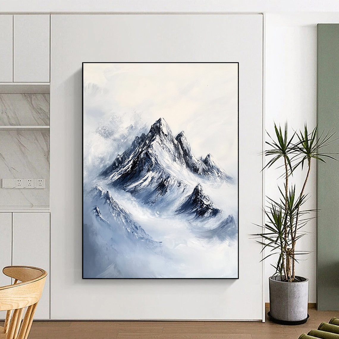 A large abstract painting featuring a rugged mountain peak with intricate rocky textures and deep blue snow-covered peaks against a white background.STSC1168