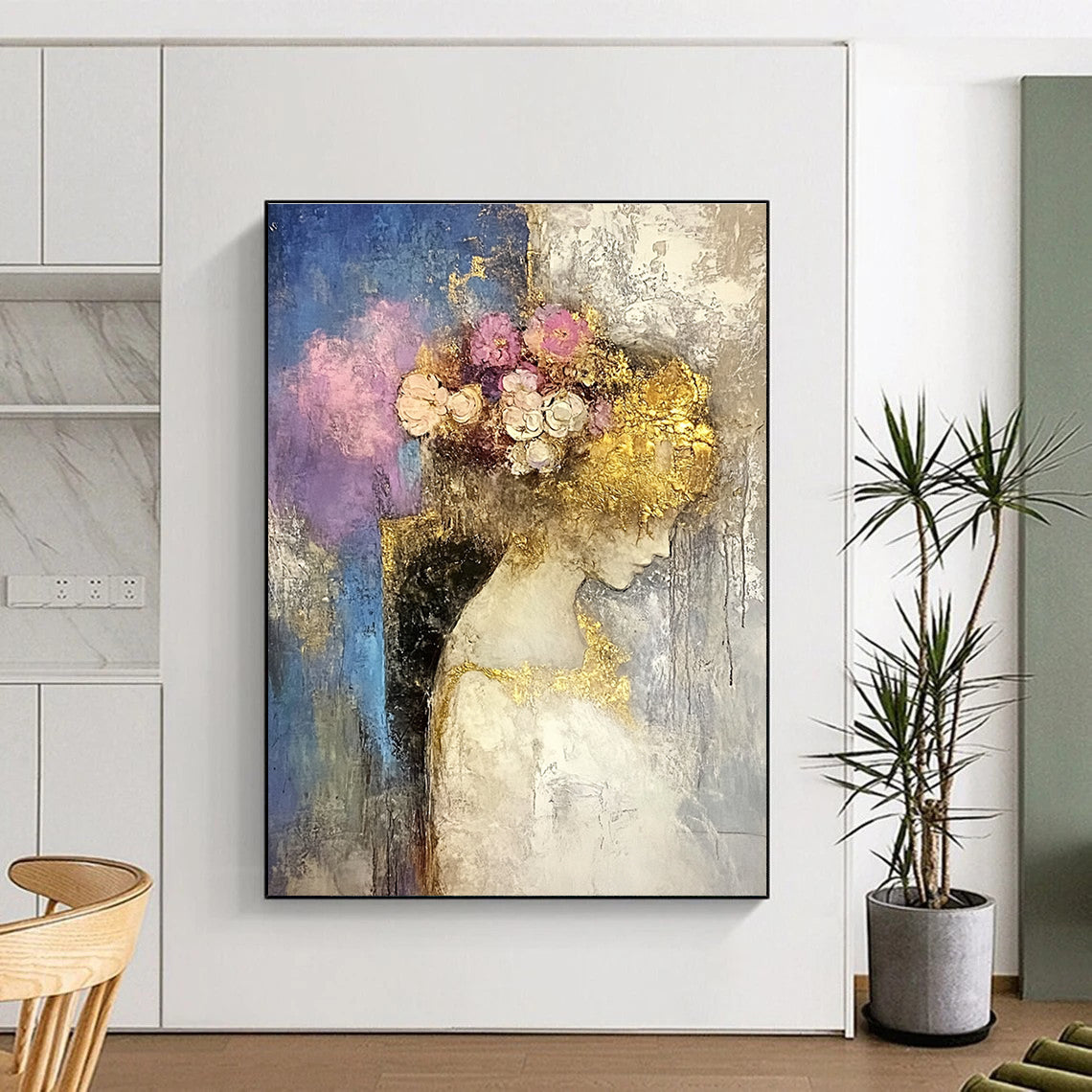 Large abstract oil painting featuring a moon with a golden circle in beige and gold tones with dripping gold leaf on a white background.STSC173
