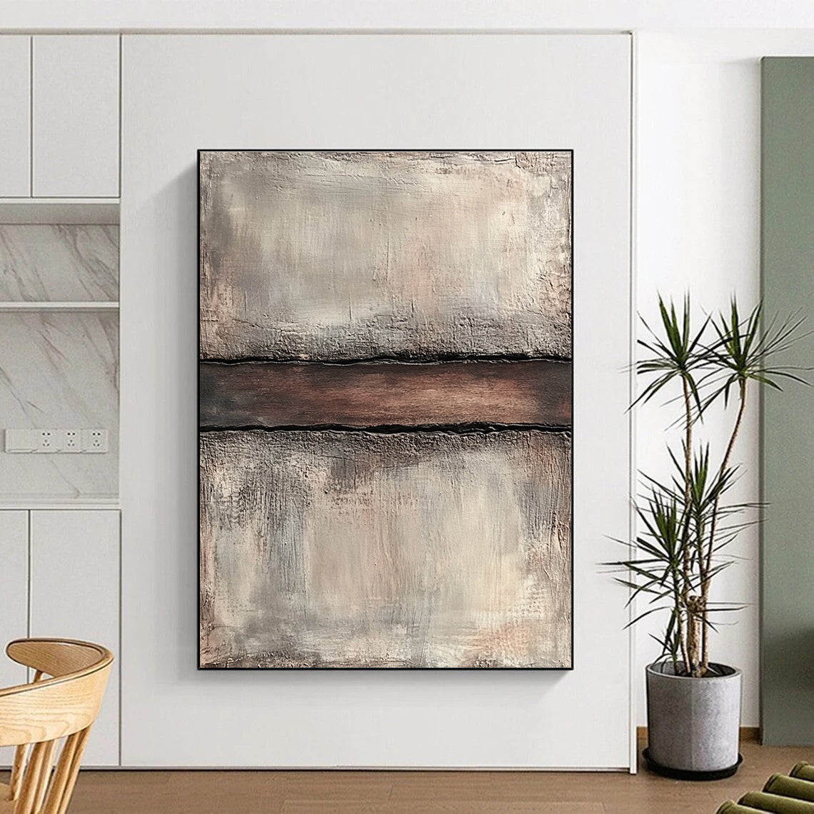 Gray and Brown Textured Abstract Painting with a Central Divide GER038