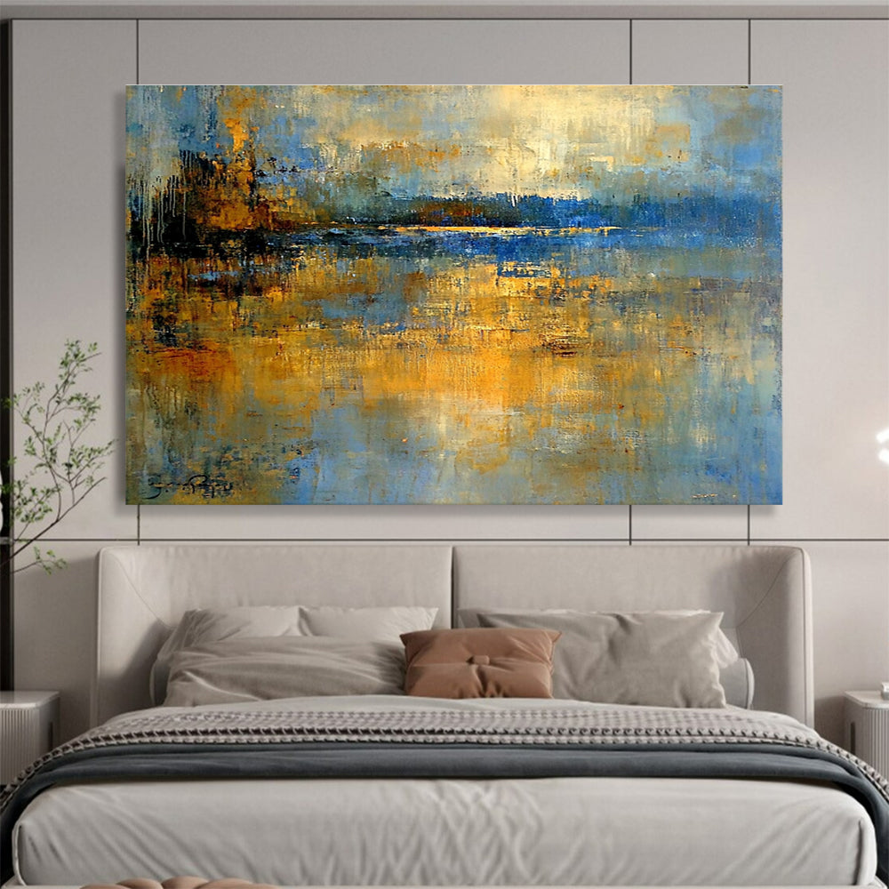 Abstract Lake Landscape Painting with Blue and Gold Tones DYP519