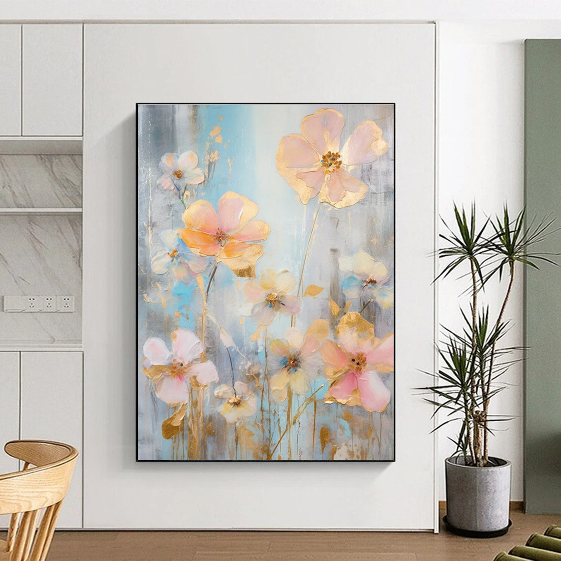 Gold - Accented Floral Abstract Painting with Soft Pastels ADGE431