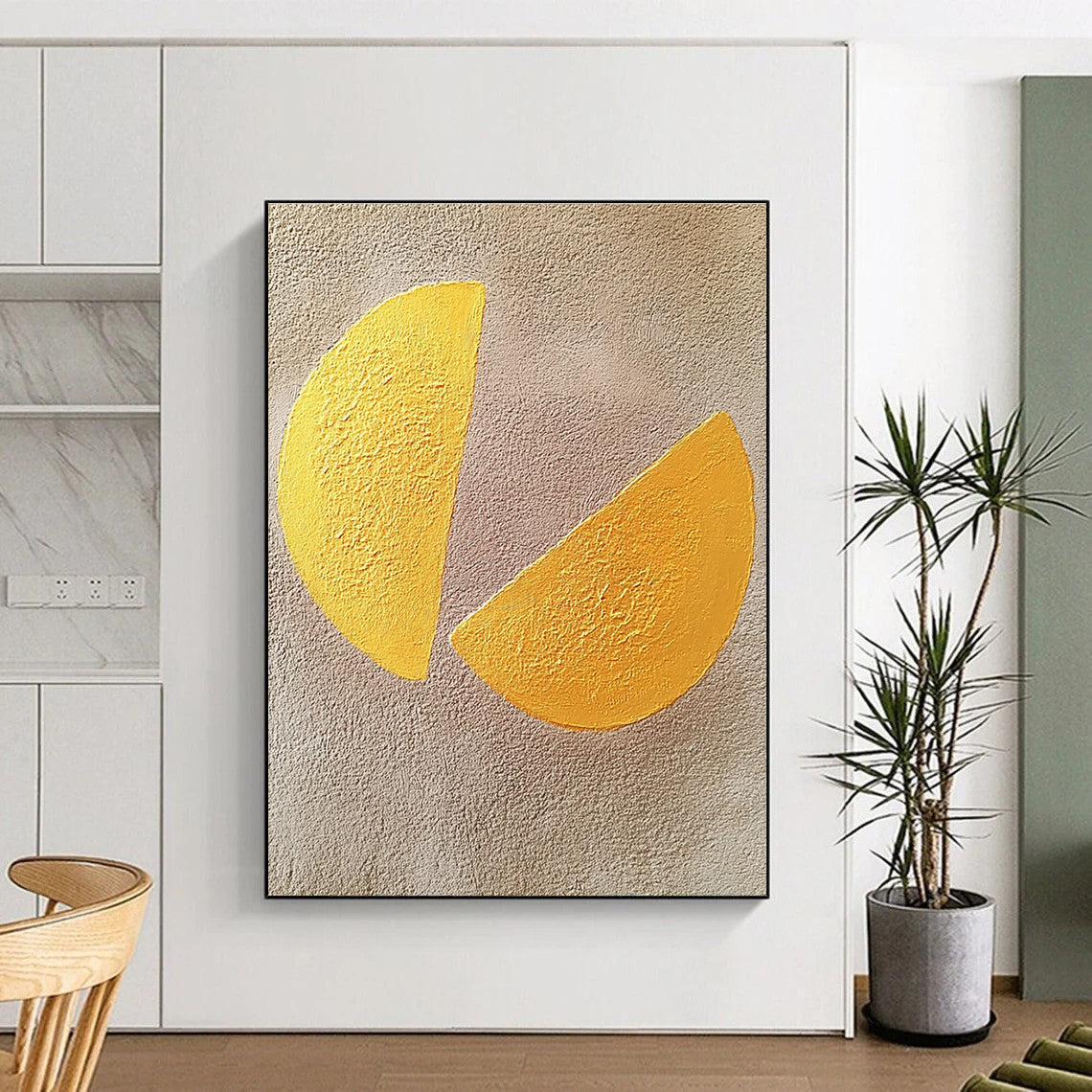 Abstract painting featuring two yellow semi-circular shapes on a textured gray background showcasing minimalist artistry and contemporary appeal.STSC1456