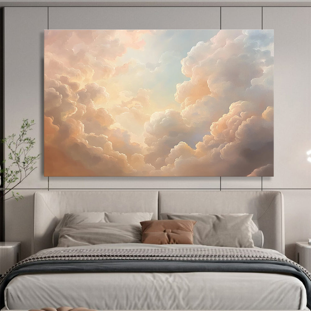 A stunning abstract oil painting featuring beautiful clouds in pink and peach tones, creating an ethereal atmosphere with soft light.SC406