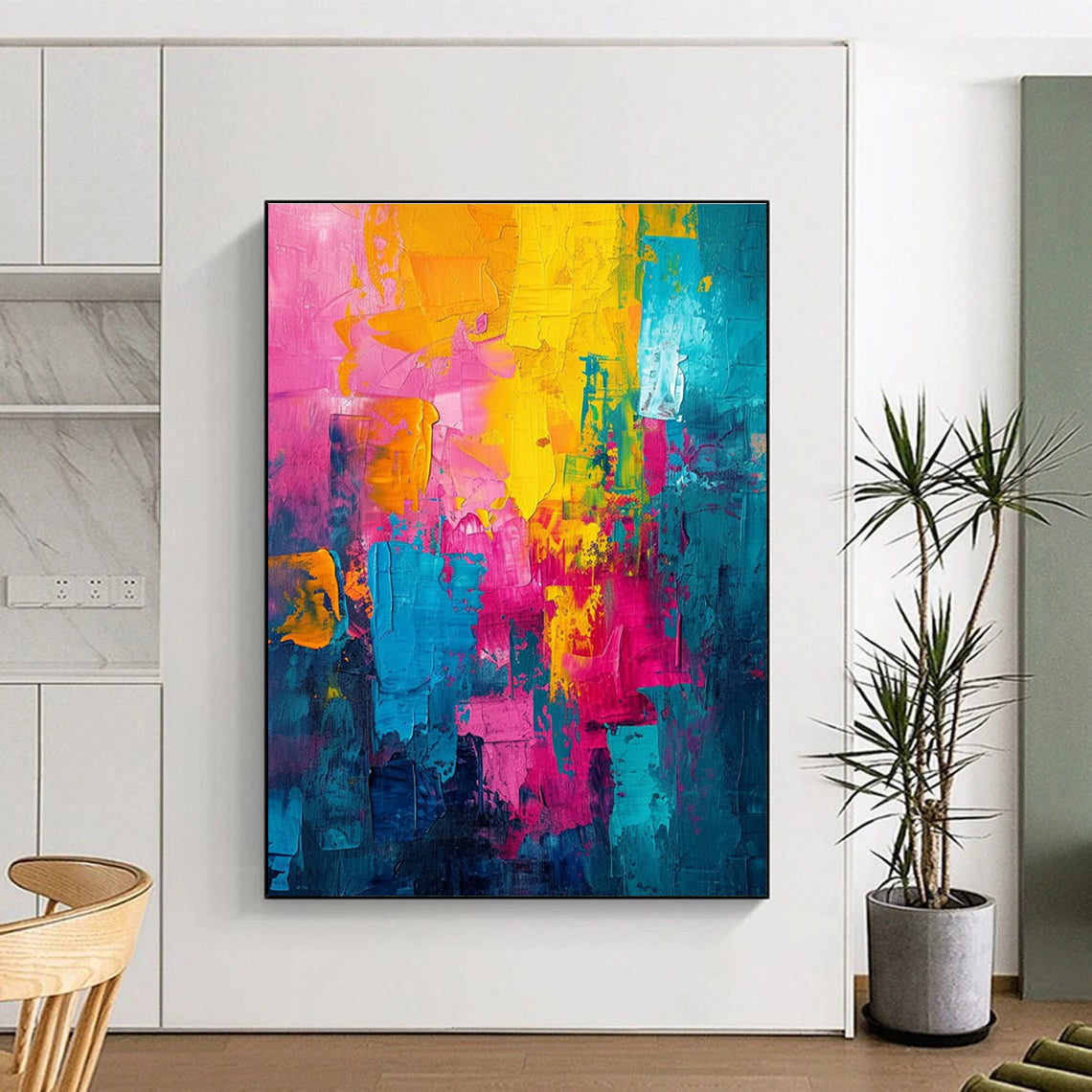 Colorful Thick - textured Abstract Painting with Pink Yellow and Blue ADGE060