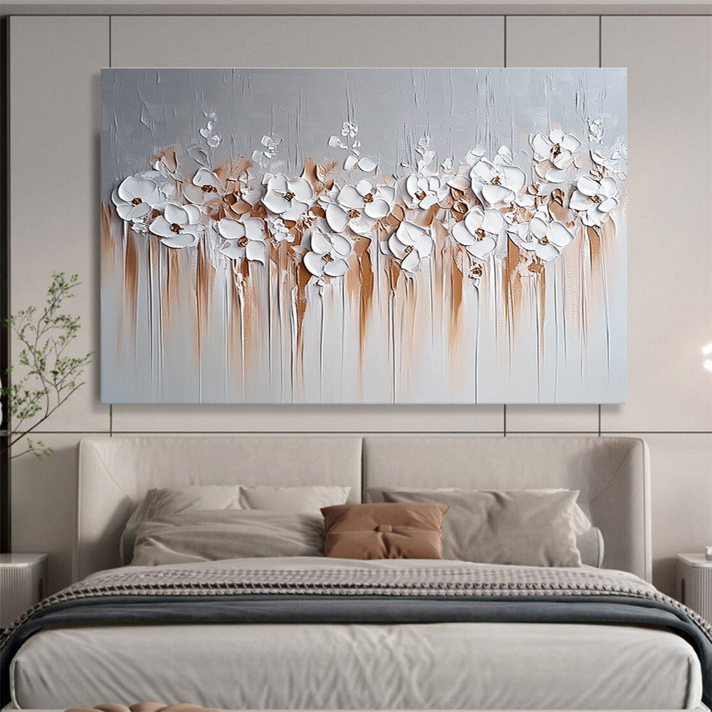 White Flowers with Brown Drips Abstract Painting in 3D Textures DYP452