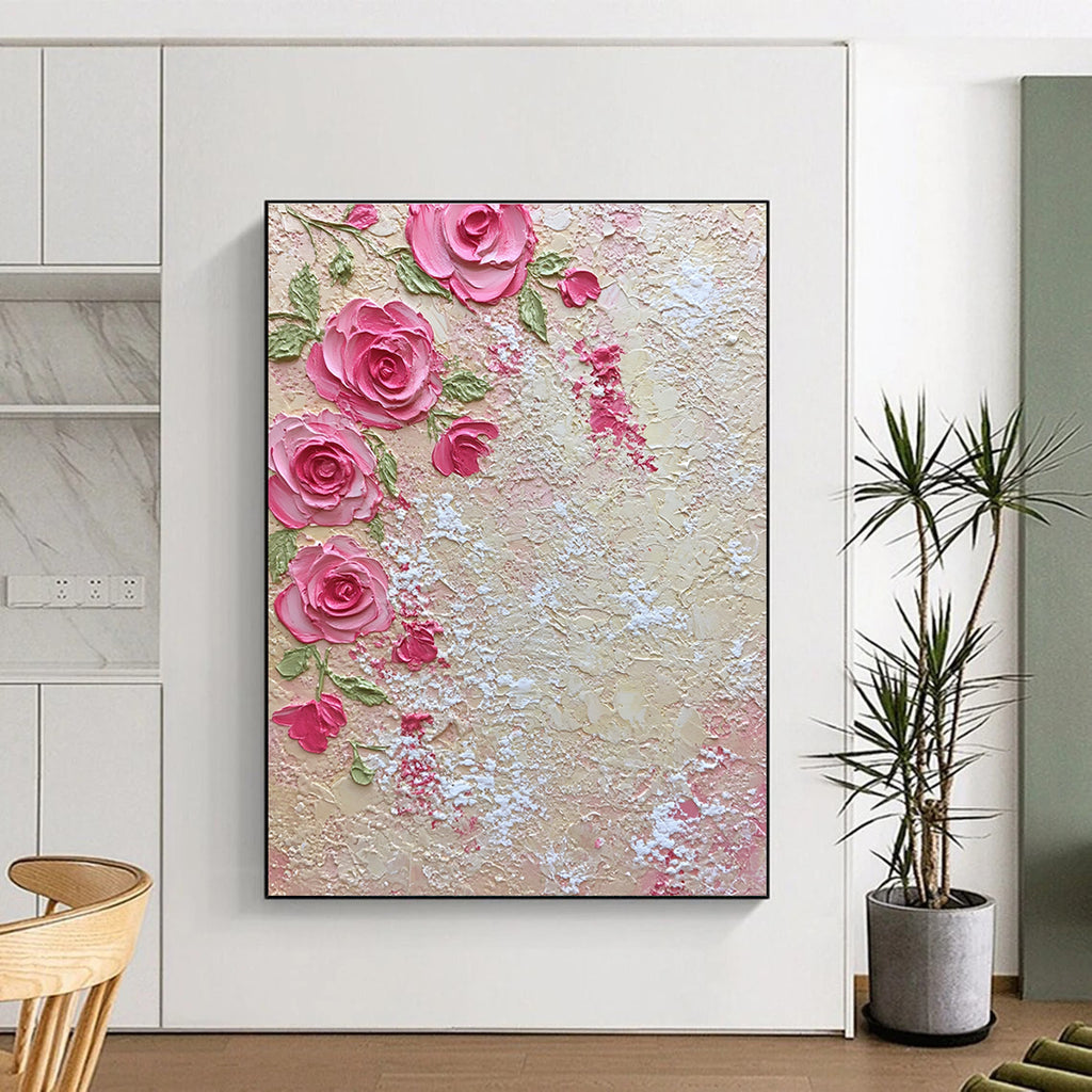 A large abstract painting featuring pink roses and green leaves with lace-like textures evokes romance and elegance for home decor.STSC931