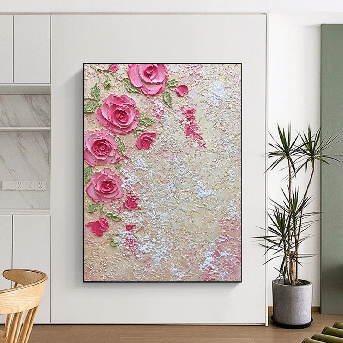 A large abstract painting featuring pink roses and green leaves with lace-like textures evokes romance and elegance for home decor.STSC931