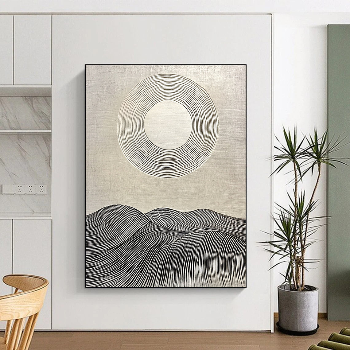 Large abstract painting featuring a circular white sun on textured background with rolling hills and clean lines for a modern aesthetic.STSC1029