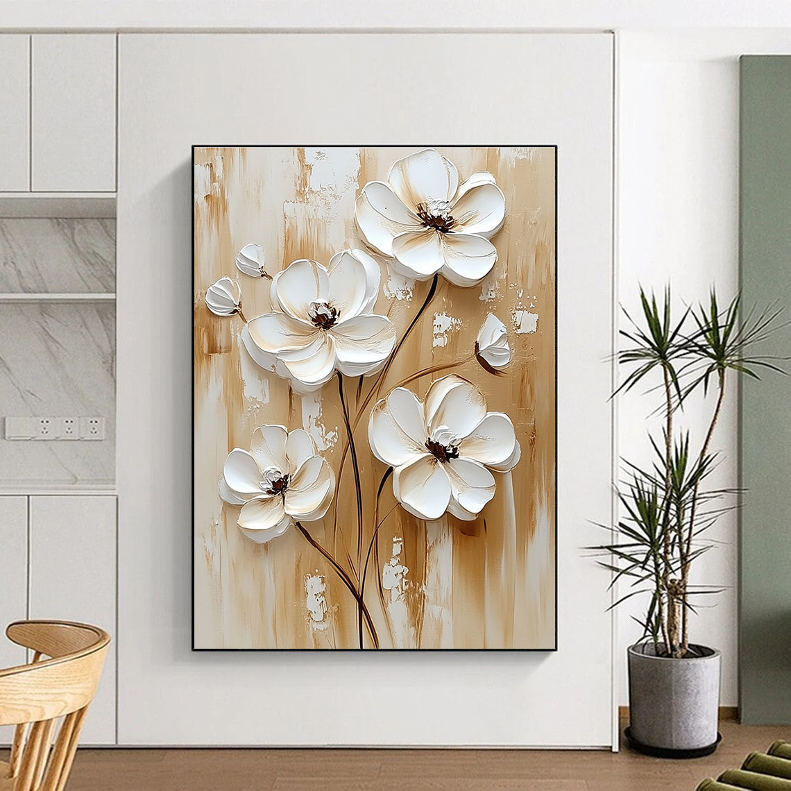 Abstract painting featuring white flowers on a beige background in a white cream and brown palette ideal for modern decor.STSC1479