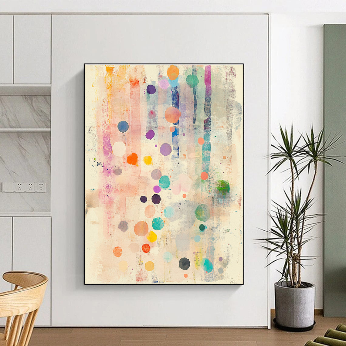 A large abstract watercolor painting featuring soft pastel colors with polka dots and delicate flowers evoking calmness and serenity.STSC1203