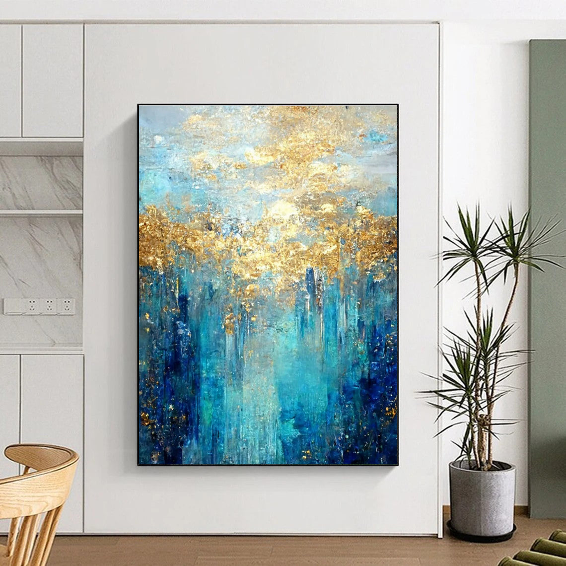 Blue Abstract Painting with Golden Forest - like Patterns ADGE065