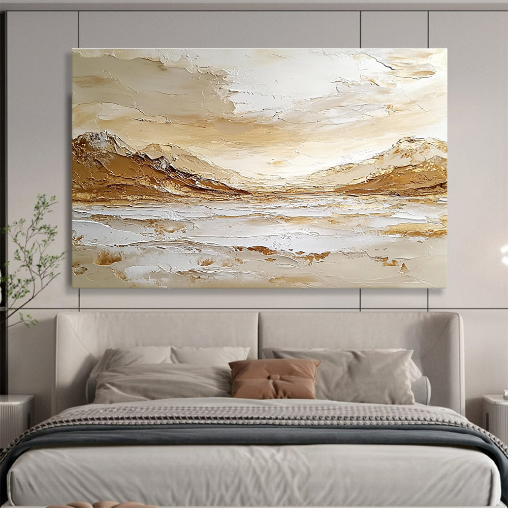 Large abstract painting depicting an Arctic landscape with mountains, sea waves, and sky in warm tones on textured canvas using impasto technique.SC621
