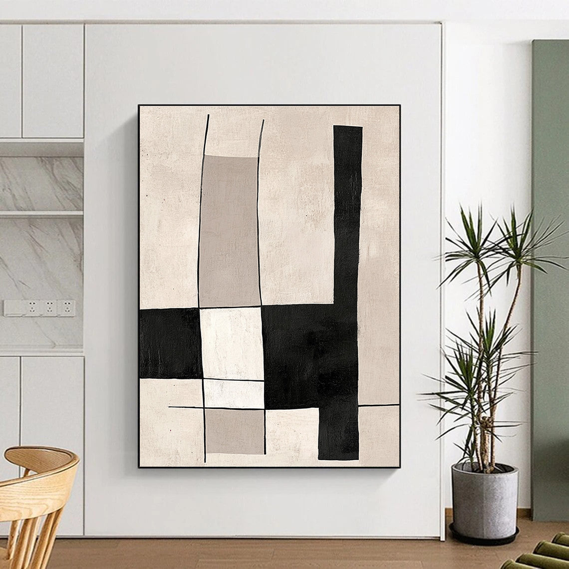 Black and White Abstract Painting with Geometric Forms GER609