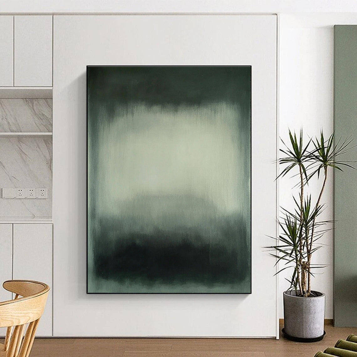Large abstract painting featuring gray and white hues with blurred edges and a dark green gray background in a soft hazy atmospheric style.STSC683