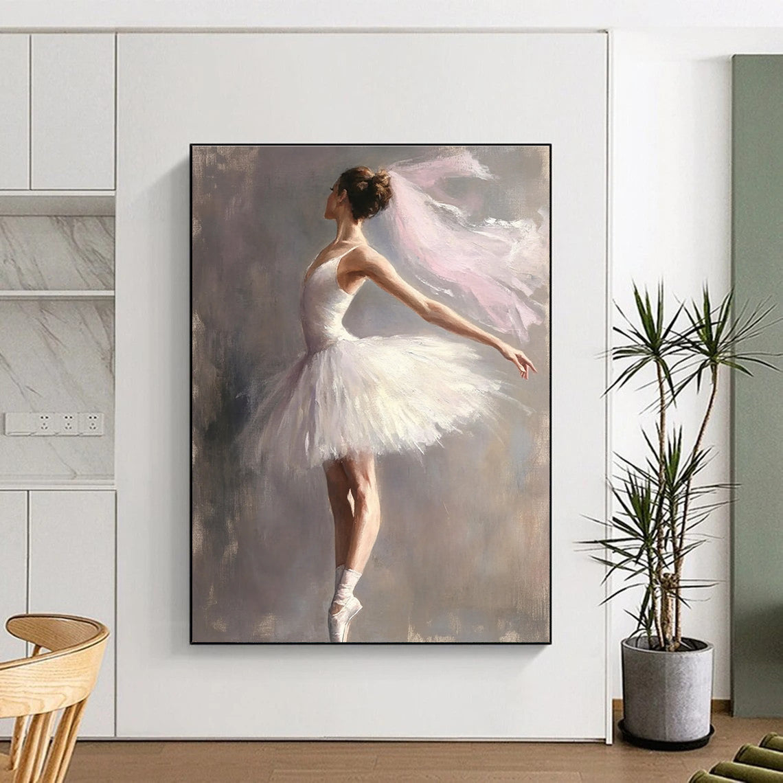 A large abstract painting of a graceful ballerina in a white tutu against a muted gray background capturing elegance and beauty in motion.STSC1004