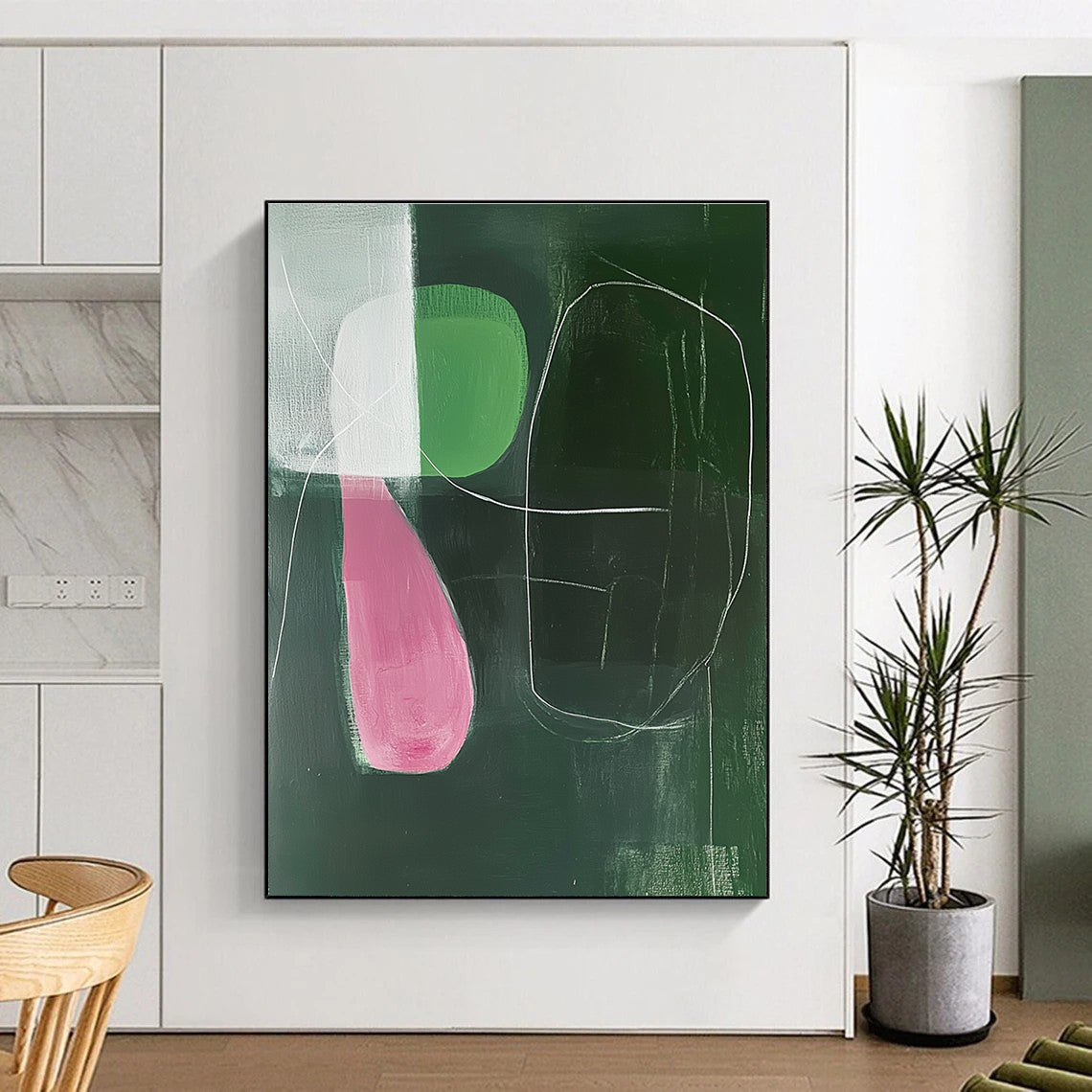 Large abstract painting featuring emerald and pink shapes with soft lighting and white lines in a minimalist Matisse-inspired style.STSC1298
